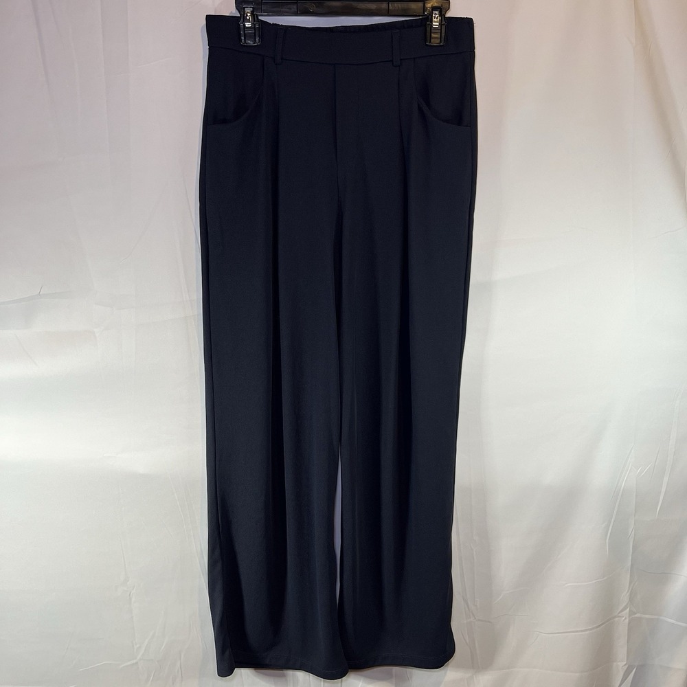 Women's L Navy Wide Leg Pleated Pull On Pants Academia Preppy Capsule Soft Flowy